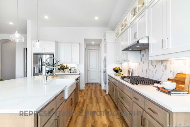 11717 Warlock, San Antonio, TX 78254 - kitchen featuring under cabinet range hood, appliances with stainless steel finishes, wood finished floors, decorative backsplash, and a large island