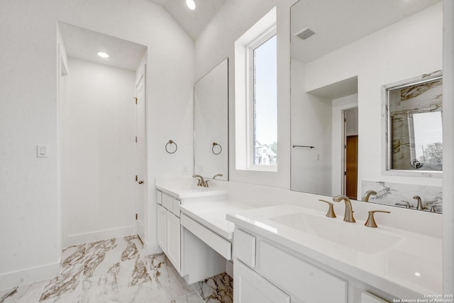 11717 Warlock, San Antonio, TX 78254 - bathroom with vanity, plenty of natural light, recessed lighting, and marble finish floors