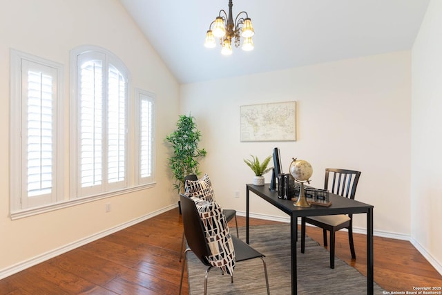 home office featuring dark wood finished floors, vaulted ceiling, plenty of natural light, and baseboards