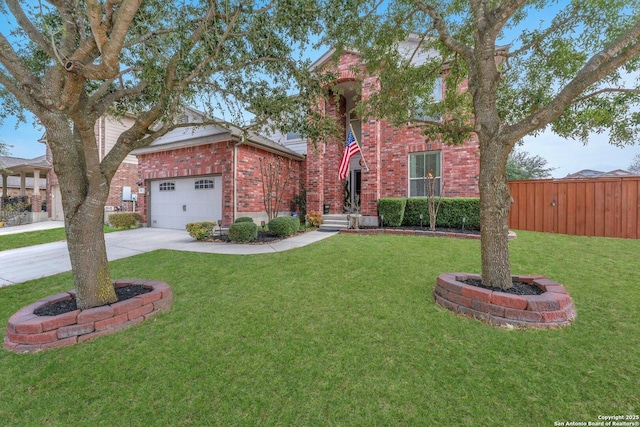 view of front of house with brick siding, fence, driveway, and a front lawn