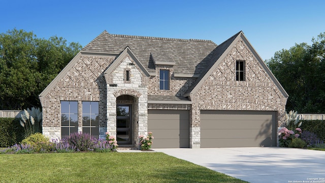 french country style house featuring a garage, brick siding, stone siding, concrete driveway, and a front yard