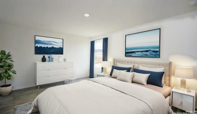 bedroom with baseboards and dark wood-style flooring