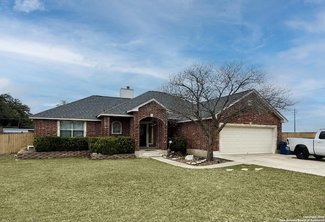 ranch-style home featuring concrete driveway, brick siding, a chimney, and a front lawn