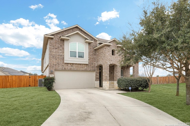 view of front facade featuring driveway, brick siding, a front lawn, and fence