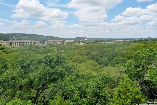 aerial view featuring a wooded view