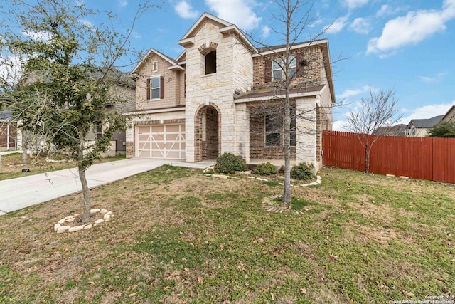 view of front of house featuring a garage, concrete driveway, stone siding, fence, and a front lawn