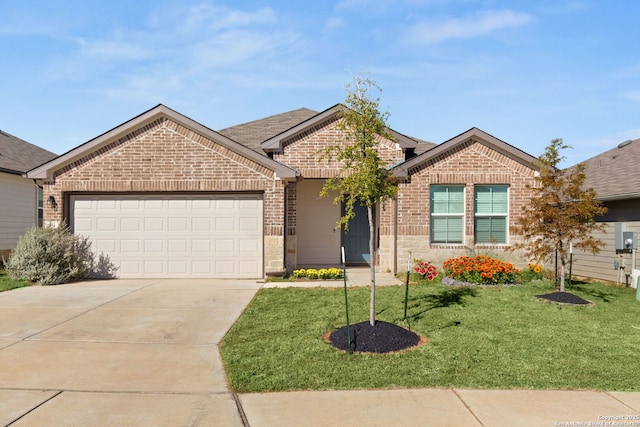 single story home featuring an attached garage, brick siding, concrete driveway, stone siding, and a front lawn