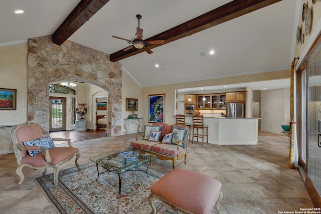 living area featuring arched walkways, french doors, ceiling fan, high vaulted ceiling, and beamed ceiling