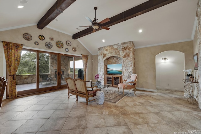 living area featuring crown molding, arched walkways, beamed ceiling, and high vaulted ceiling