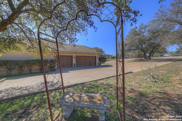 view of yard featuring a garage and driveway