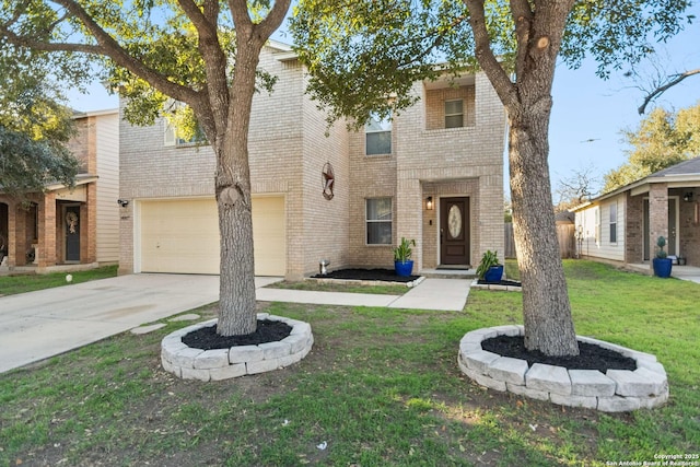 view of front of property with a garage, a front lawn, concrete driveway, and brick siding