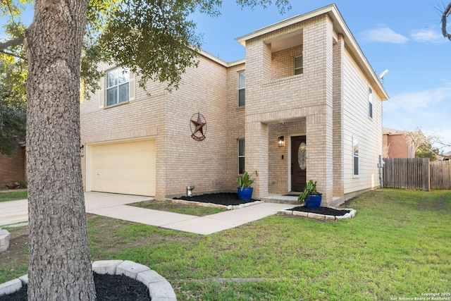 view of front of property featuring an attached garage, a front yard, fence, and brick siding