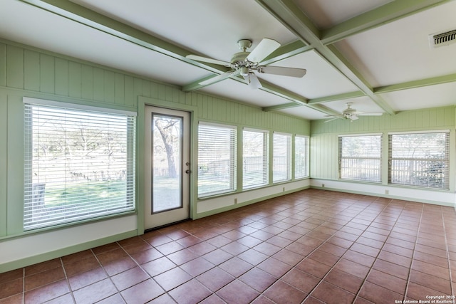 unfurnished sunroom with a ceiling fan, beam ceiling, visible vents, and coffered ceiling