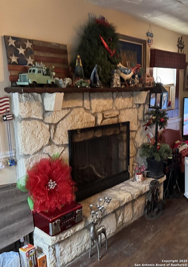 interior details with a stone fireplace and wood finished floors