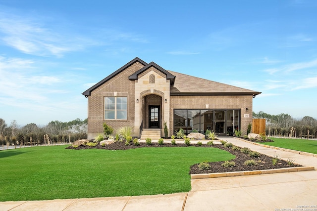 view of front of property with an attached garage, driveway, brick siding, and a front yard