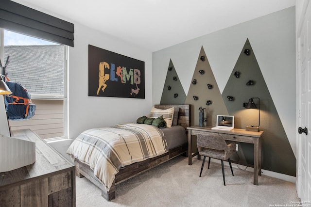 bedroom featuring light carpet