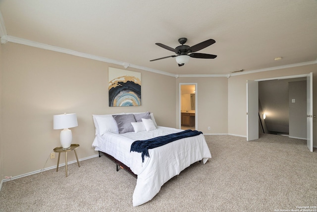 bedroom with baseboards, visible vents, ceiling fan, carpet, and crown molding