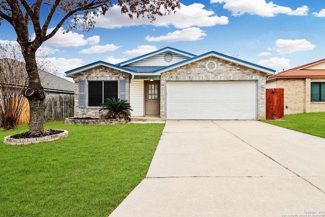 single story home with brick siding, a front yard, fence, a garage, and driveway