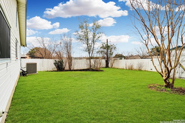 view of yard with central air condition unit and a fenced backyard