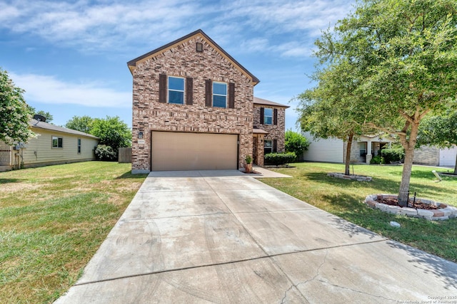 traditional-style house with a garage, concrete driveway, brick siding, and a front yard