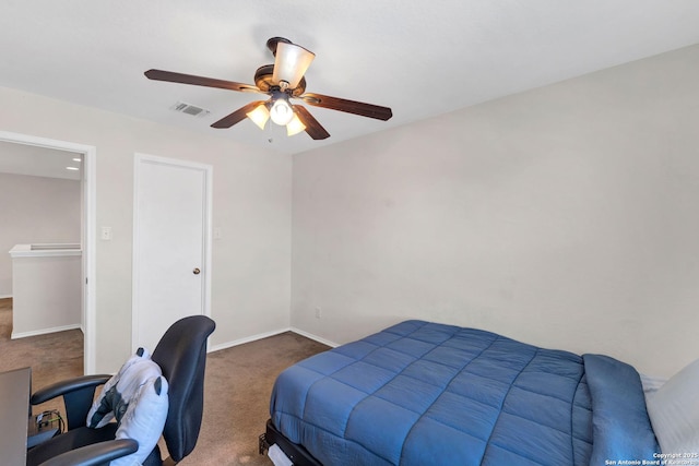 bedroom featuring ceiling fan, dark colored carpet, visible vents, and baseboards