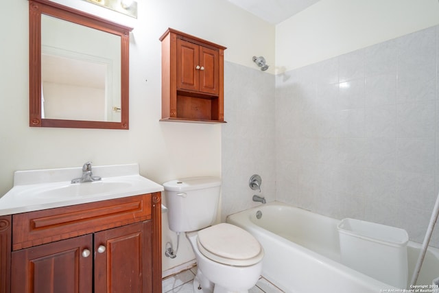 full bath with bathtub / shower combination, vanity, and toilet