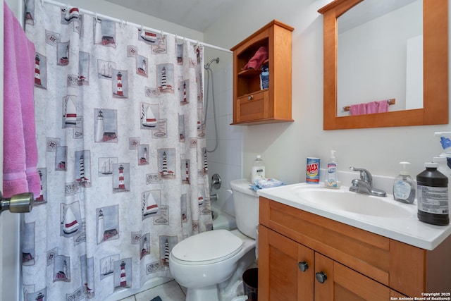 bathroom featuring toilet, shower / tub combo, and vanity