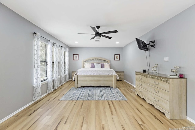 bedroom with recessed lighting, baseboards, ceiling fan, and light wood finished floors