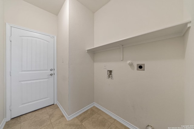 washroom with hookup for a gas dryer, hookup for an electric dryer, laundry area, washer hookup, and baseboards