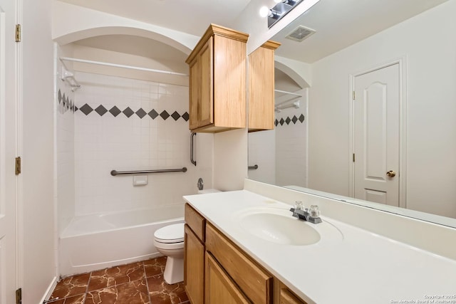 full bath featuring visible vents, vanity, toilet, and shower / bathtub combination