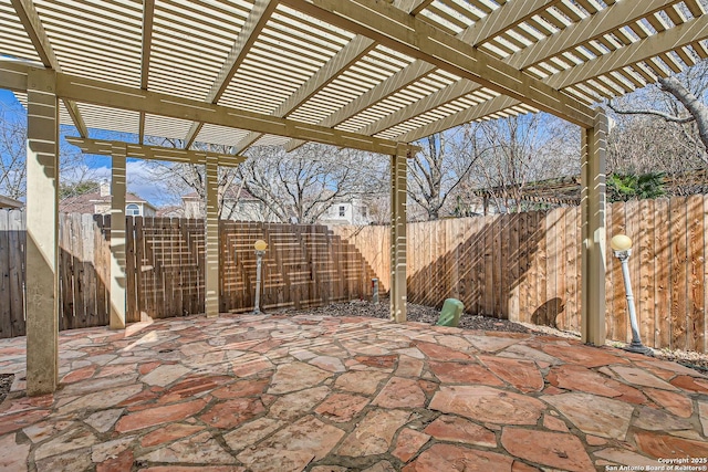 view of patio / terrace featuring a fenced backyard and a pergola