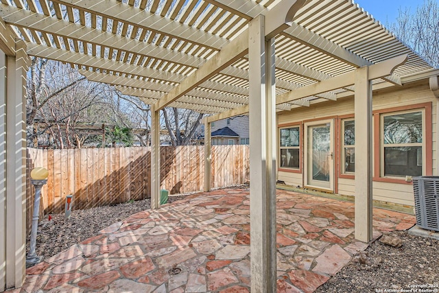 view of patio / terrace featuring a fenced backyard, cooling unit, and a pergola