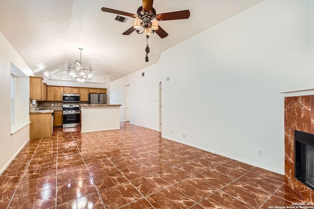 unfurnished living room featuring marble finish floor, a fireplace, and visible vents