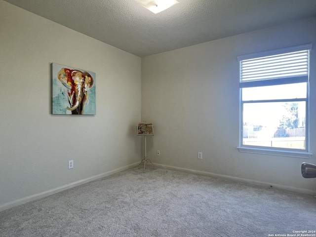 carpeted spare room featuring a textured ceiling and baseboards