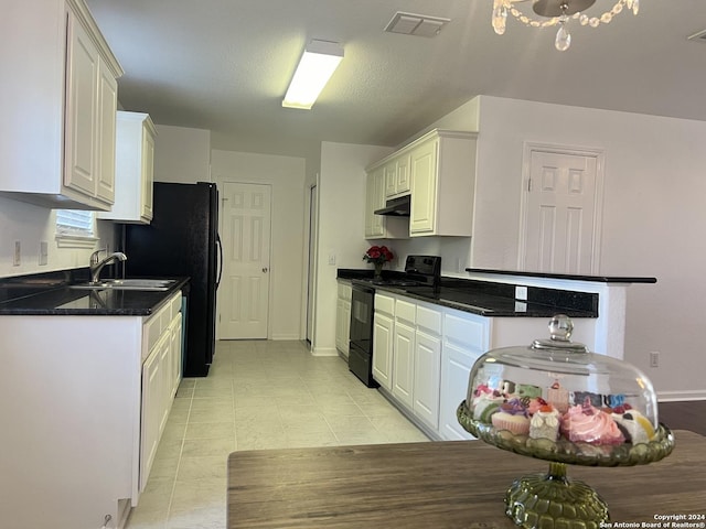 kitchen featuring black / electric stove, dark countertops, a sink, and visible vents