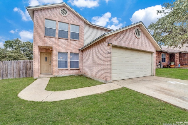 traditional home with a garage, brick siding, fence, and a front lawn