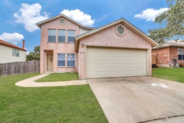 traditional-style house featuring a garage, brick siding, fence, driveway, and a front lawn