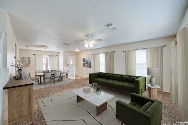 living area featuring light carpet, plenty of natural light, and visible vents