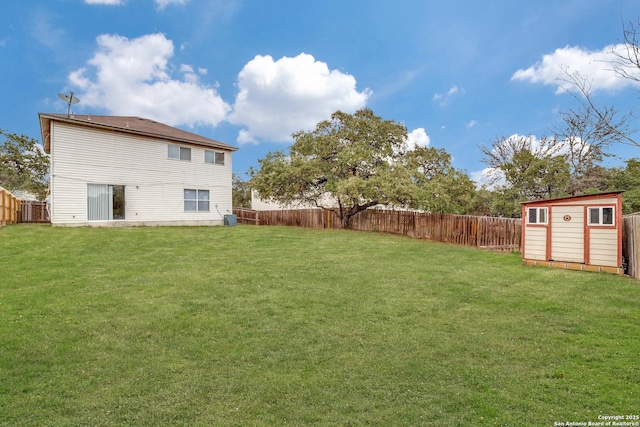 view of yard featuring a fenced backyard, an outdoor structure, and a shed