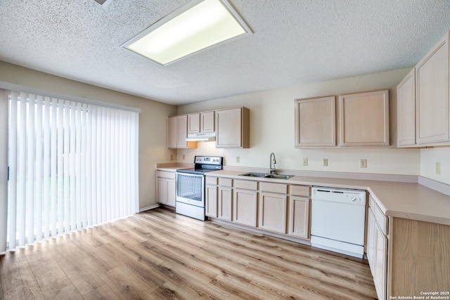 kitchen with electric range, dishwasher, light countertops, light brown cabinets, and a sink