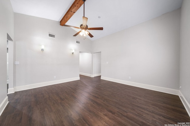 unfurnished room with dark wood finished floors, visible vents, and a ceiling fan