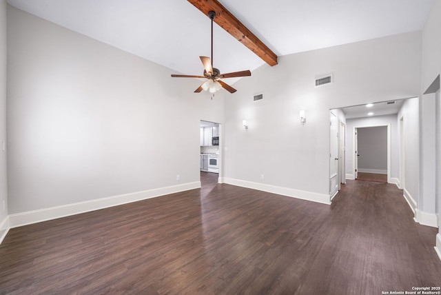 unfurnished living room featuring a ceiling fan, visible vents, dark wood finished floors, and beamed ceiling