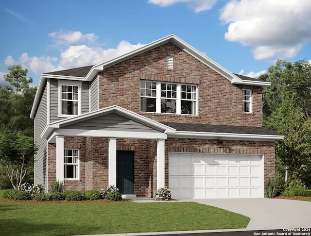 traditional-style house with driveway, brick siding, an attached garage, and a front yard