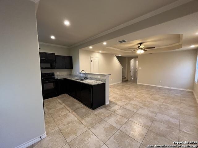 kitchen featuring a peninsula, a tray ceiling, black / electric stove, and a sink