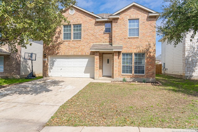 traditional-style home featuring a front lawn, brick siding, driveway, and an attached garage