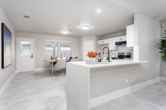 kitchen with under cabinet range hood, a peninsula, white cabinets, light countertops, and stainless steel range with electric stovetop