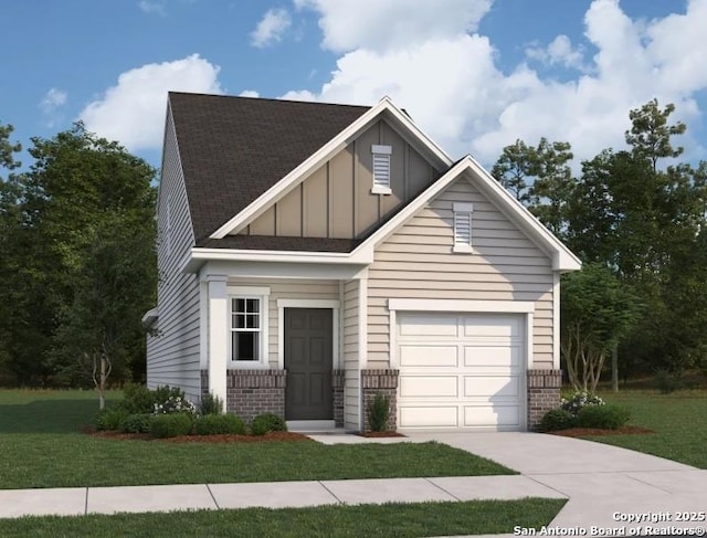 view of front facade featuring driveway, a front lawn, board and batten siding, and brick siding