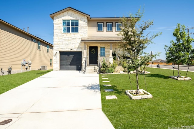 view of front facade featuring driveway, stone siding, a front yard, and cooling unit