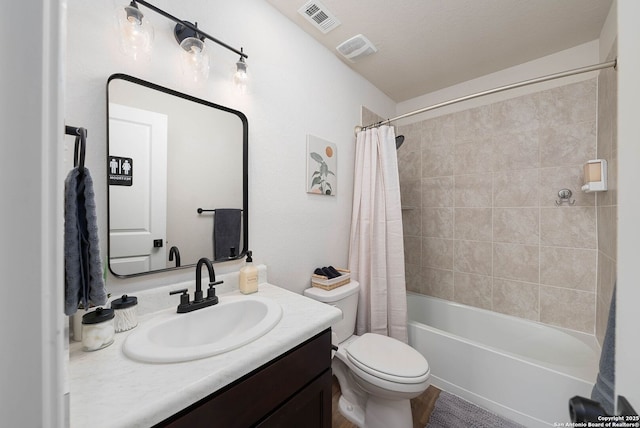 bathroom with shower / bath combination with curtain, visible vents, vanity, and toilet