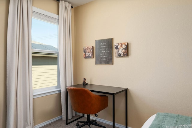 carpeted office space with a healthy amount of sunlight and baseboards